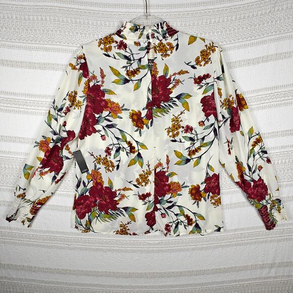 CURE High Neck Floral Long Sleeve Blouse White Red Yellow Size XL NWT - Picture 2 of 8